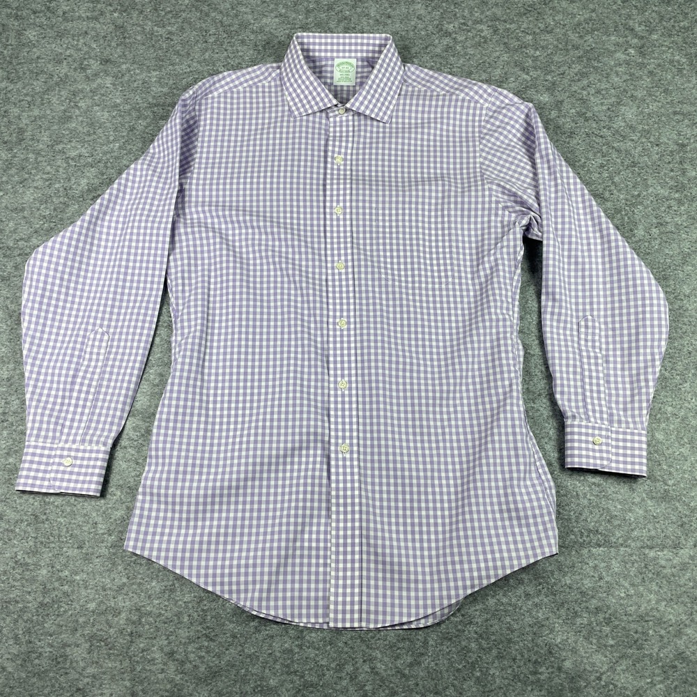 Brooks Brothers Dress Shirt Mens 17-33 Purple Milano Fit Gingham Non-Iron Cotton
